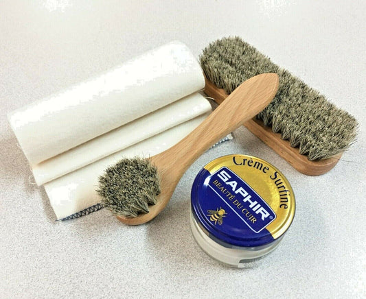 4 PIECE Shoe Shine Travel Kit Leather Care Set Brush SAPHIR NEUTRAL Cream Polish